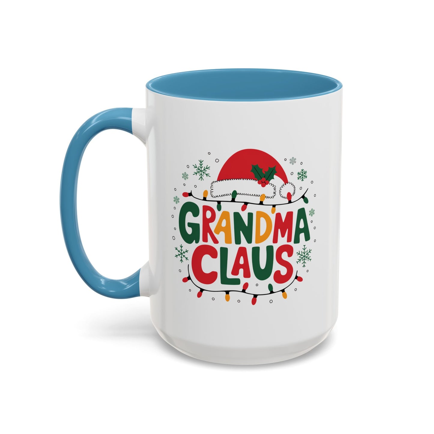Christmas Mug - Grandma Claus Green Yellow & Red Text Hat Lights Stars