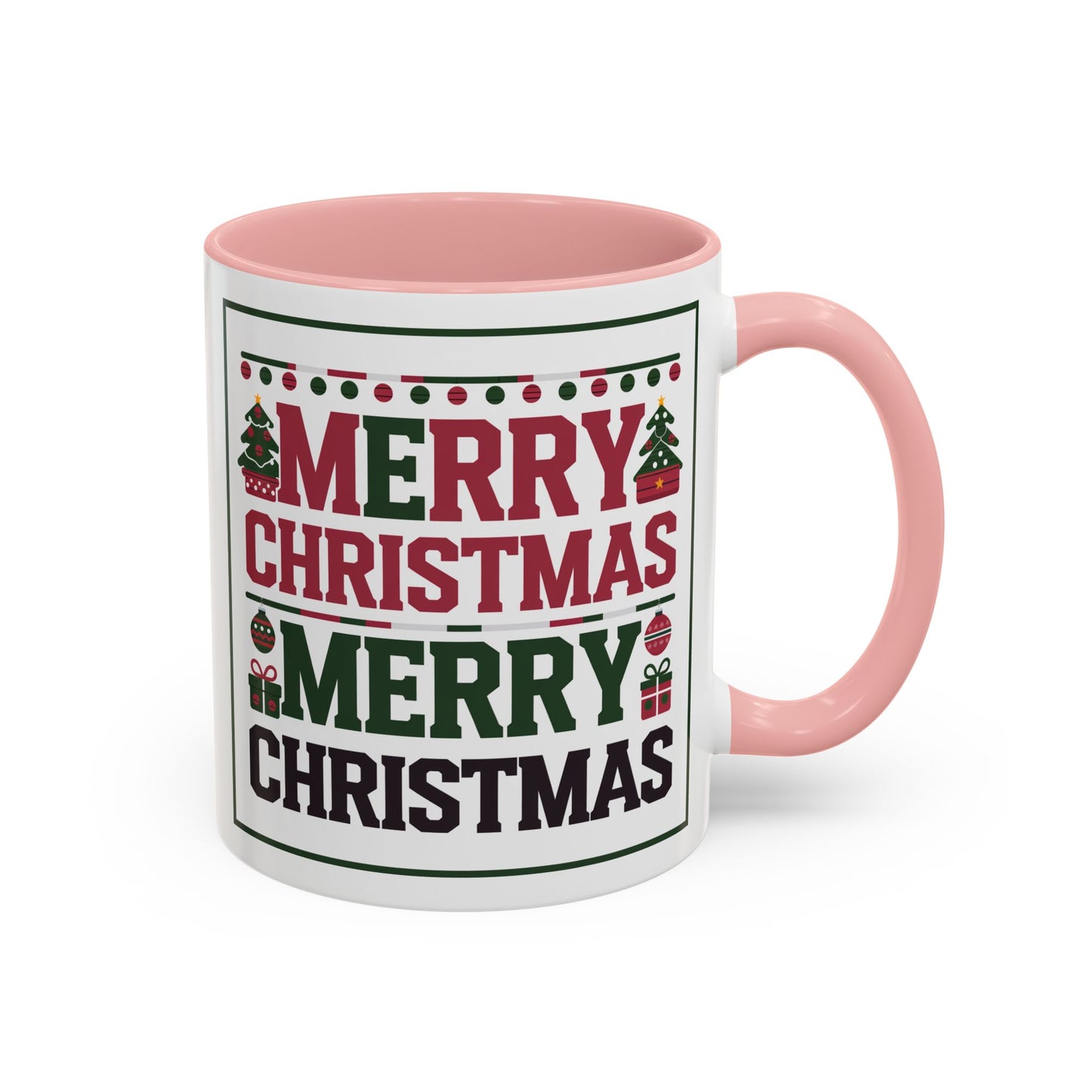 Christmas Mug - Merry Christmas Red Green & Black Text Trees Presents