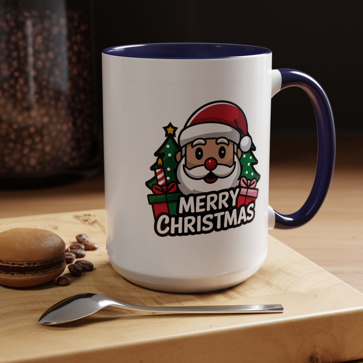 Christmas Mug - Merry Christmas White & Black Text Santa Trees Presents
