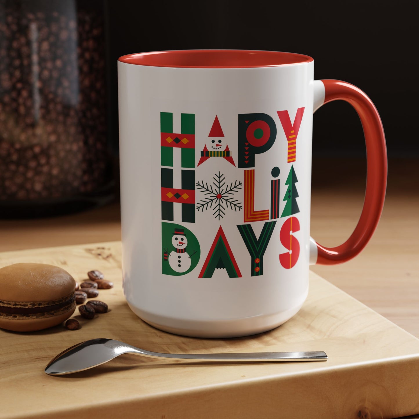 Christmas Mug - Happy Holidays Green Red & Blue Decorative Text