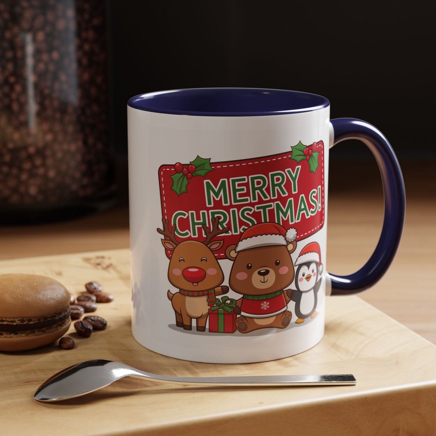 Christmas Mug - Green Text Red Banner Reindeer Bear Penguin