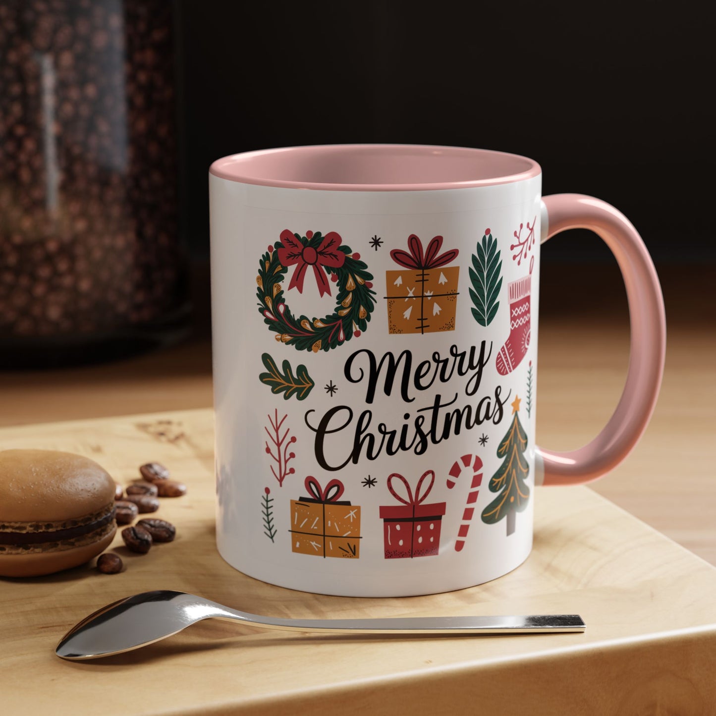 Christmas Mug - Merry Christmas Green Text Presents Tree Candy Cane