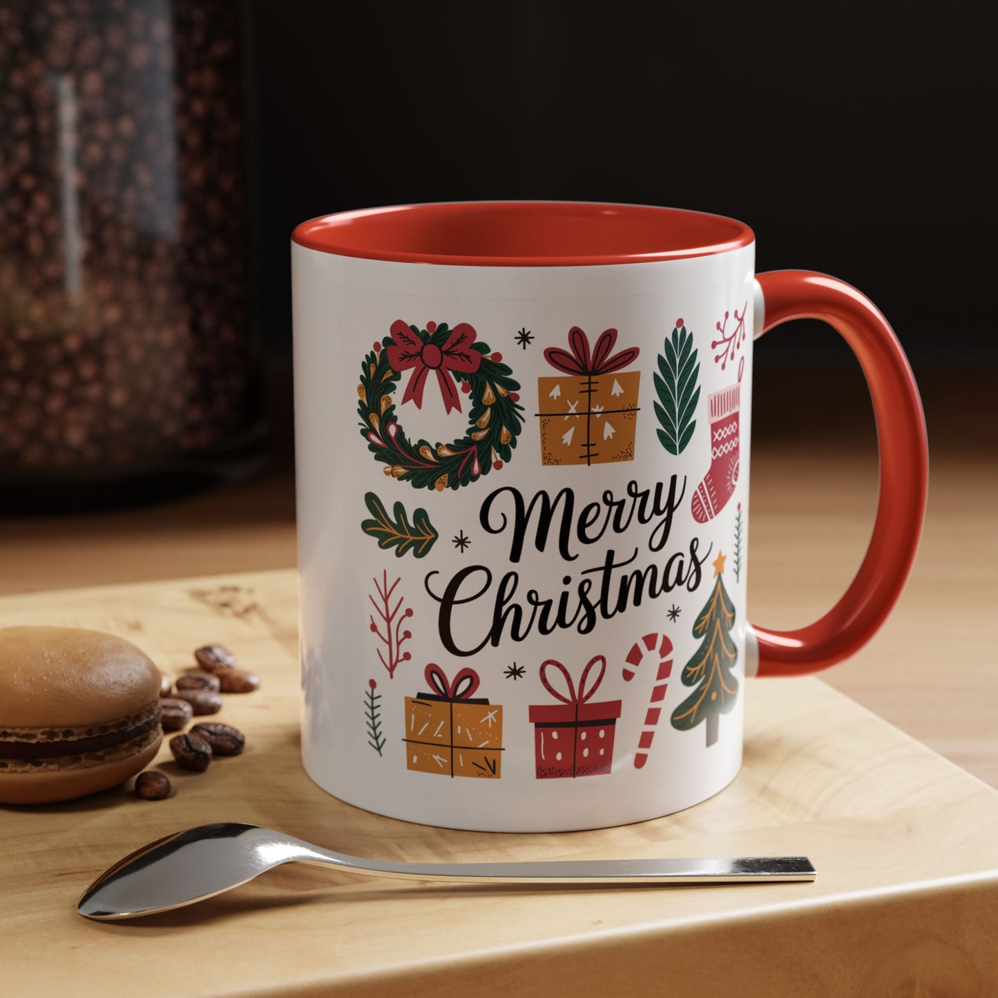Christmas Mug - Merry Christmas Green Text Presents Tree Candy Cane