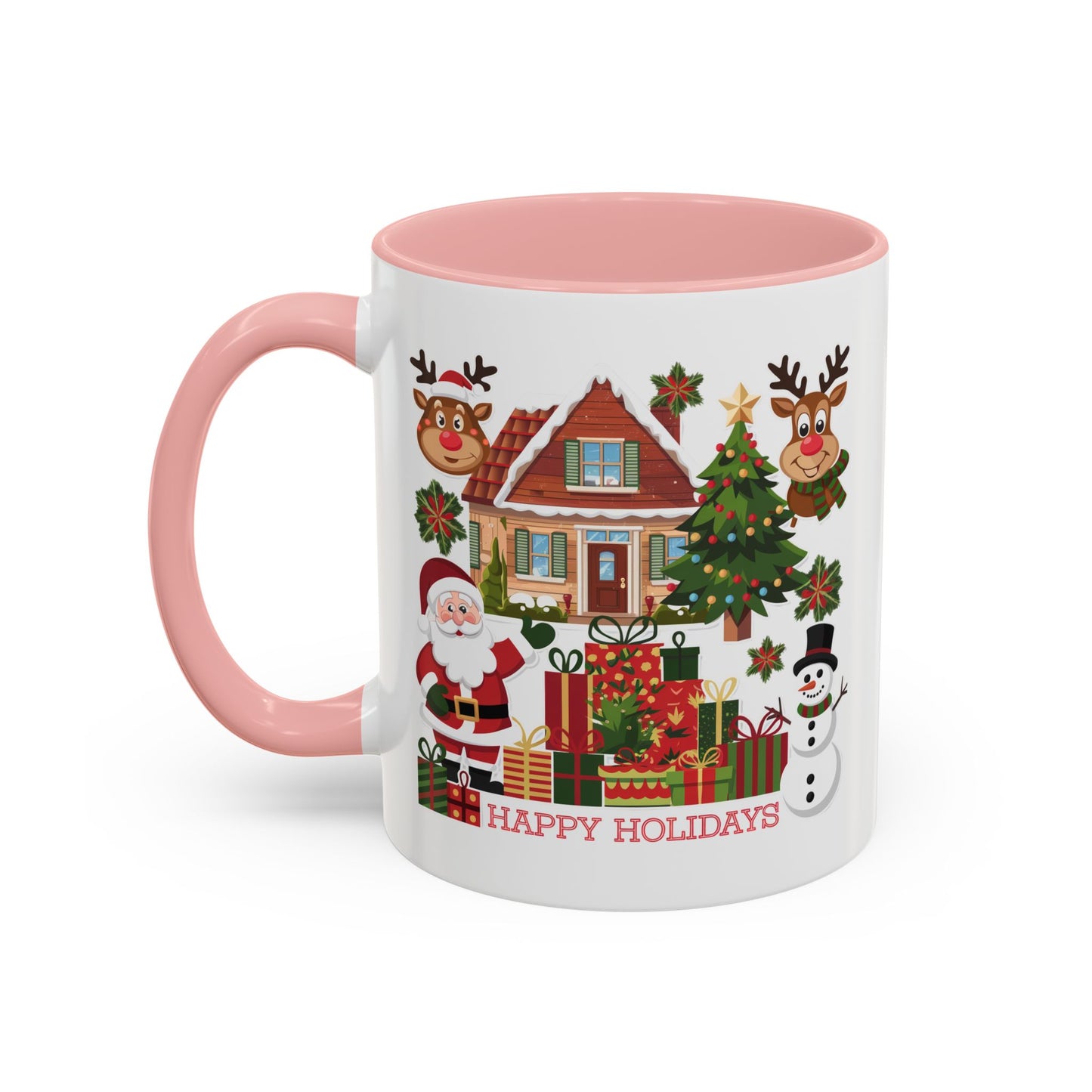 Christmas Mug - Happy Holidays Red Text Reindeer Santa Snowman Presents