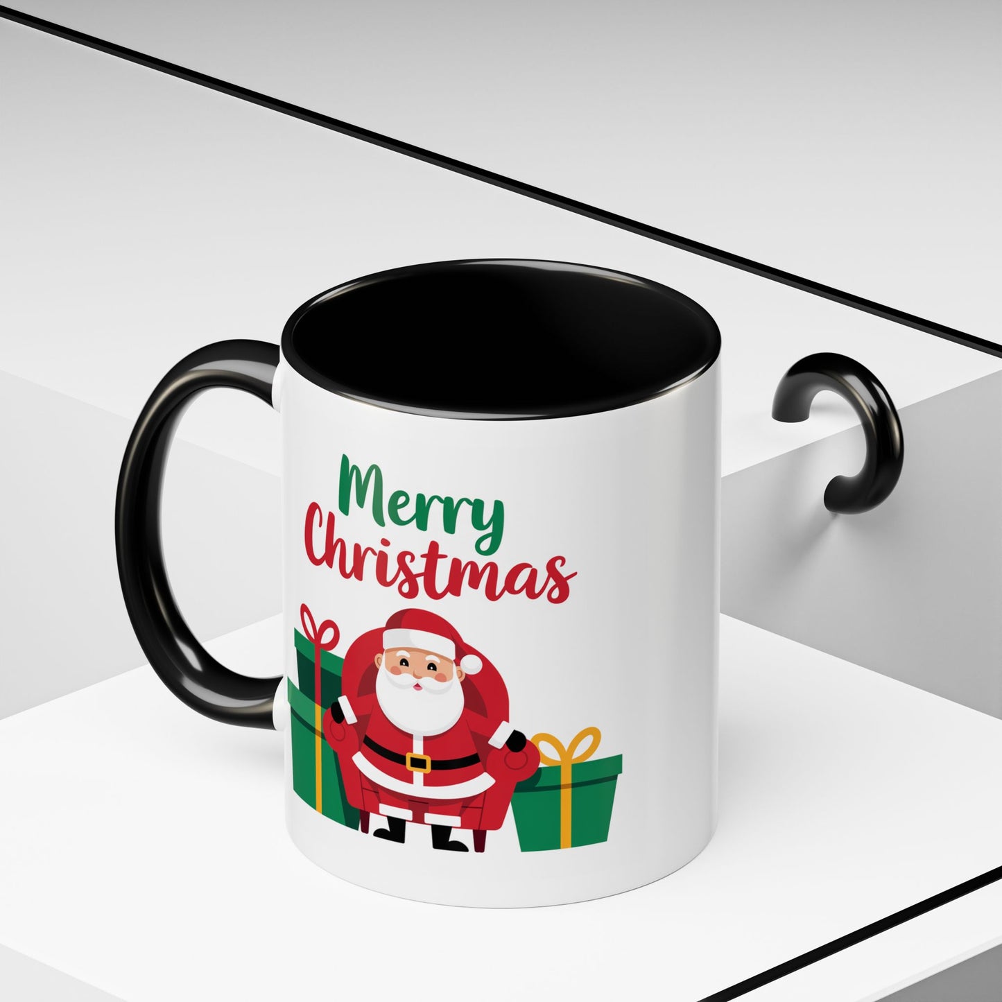 Christmas Mug - Merry Christmas Green & Red Text Santa Presents