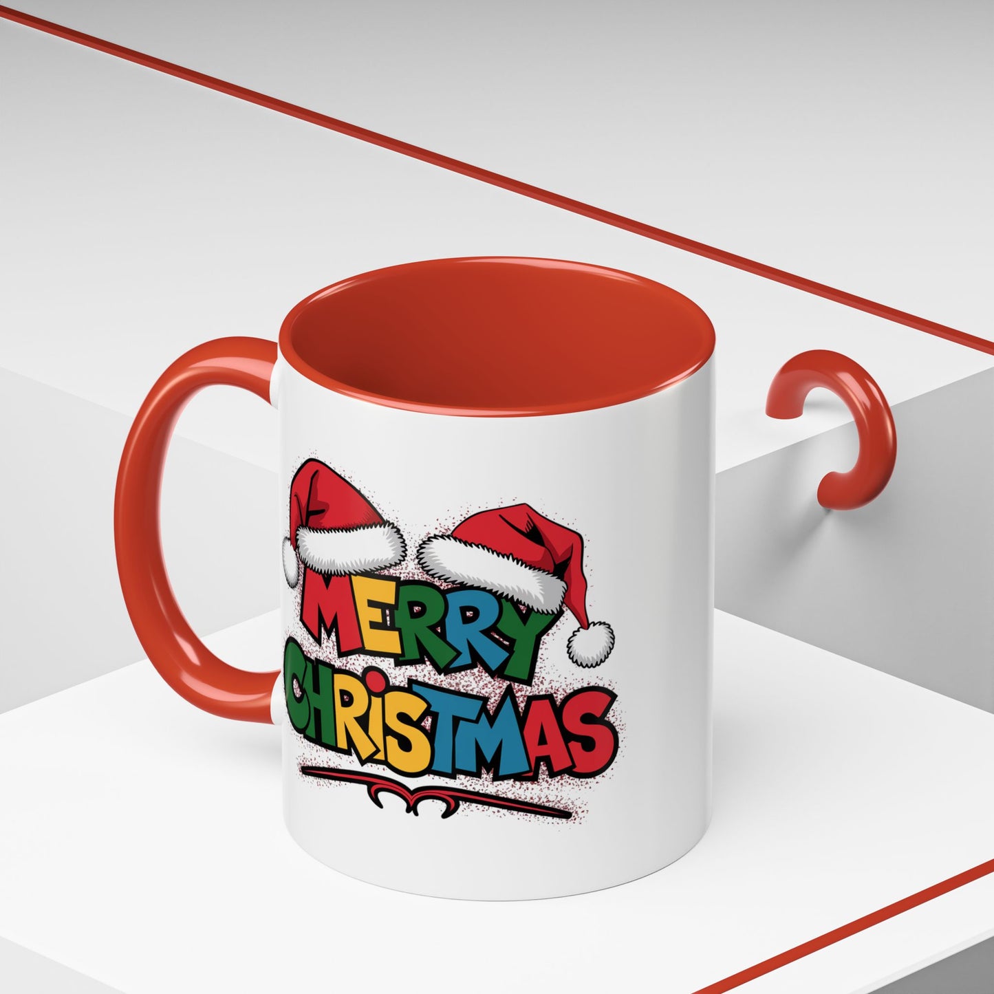 Christmas Mug - Merry Christmas Red Yellow & Blue Text Red Hats