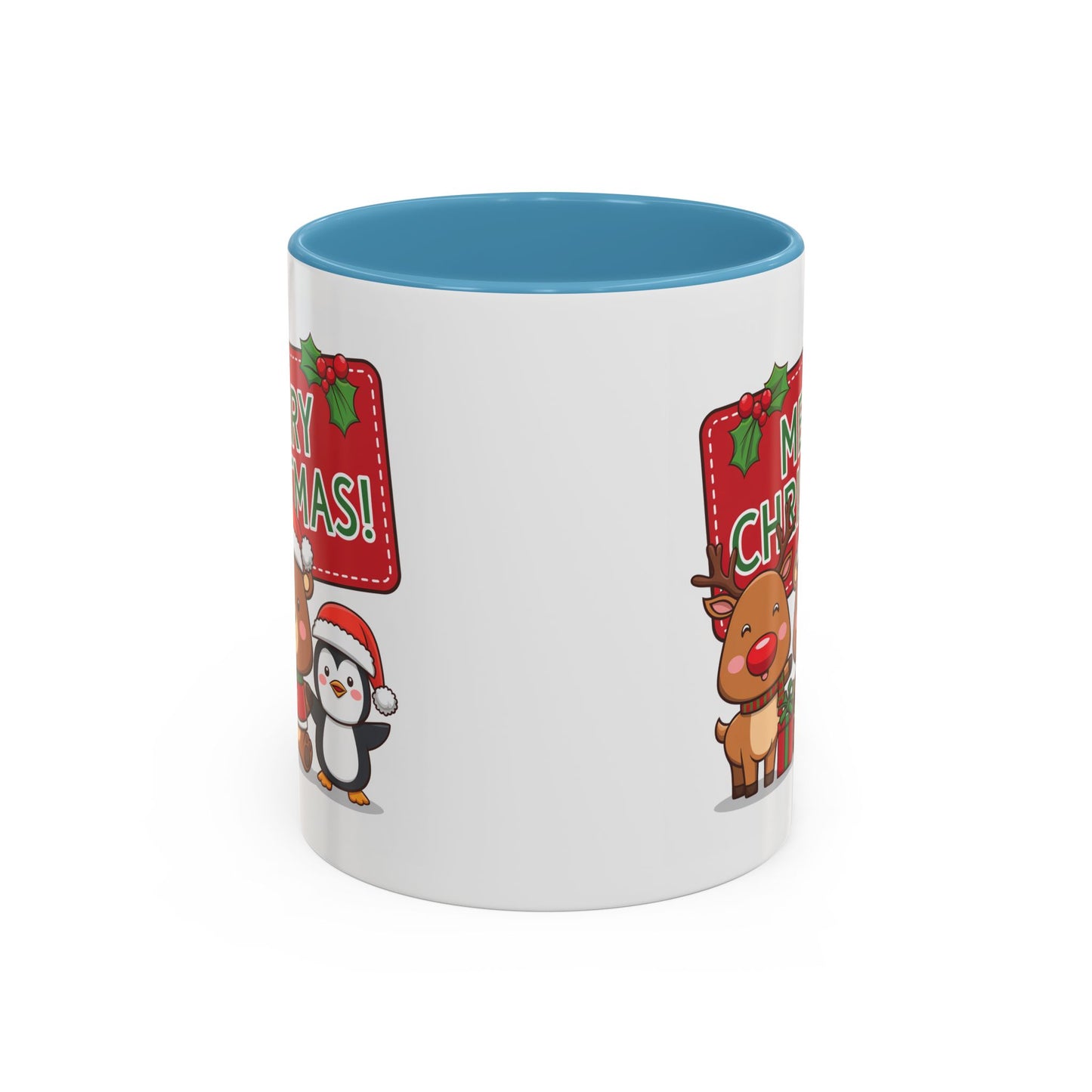 Christmas Mug - Green Text Red Banner Reindeer Bear Penguin