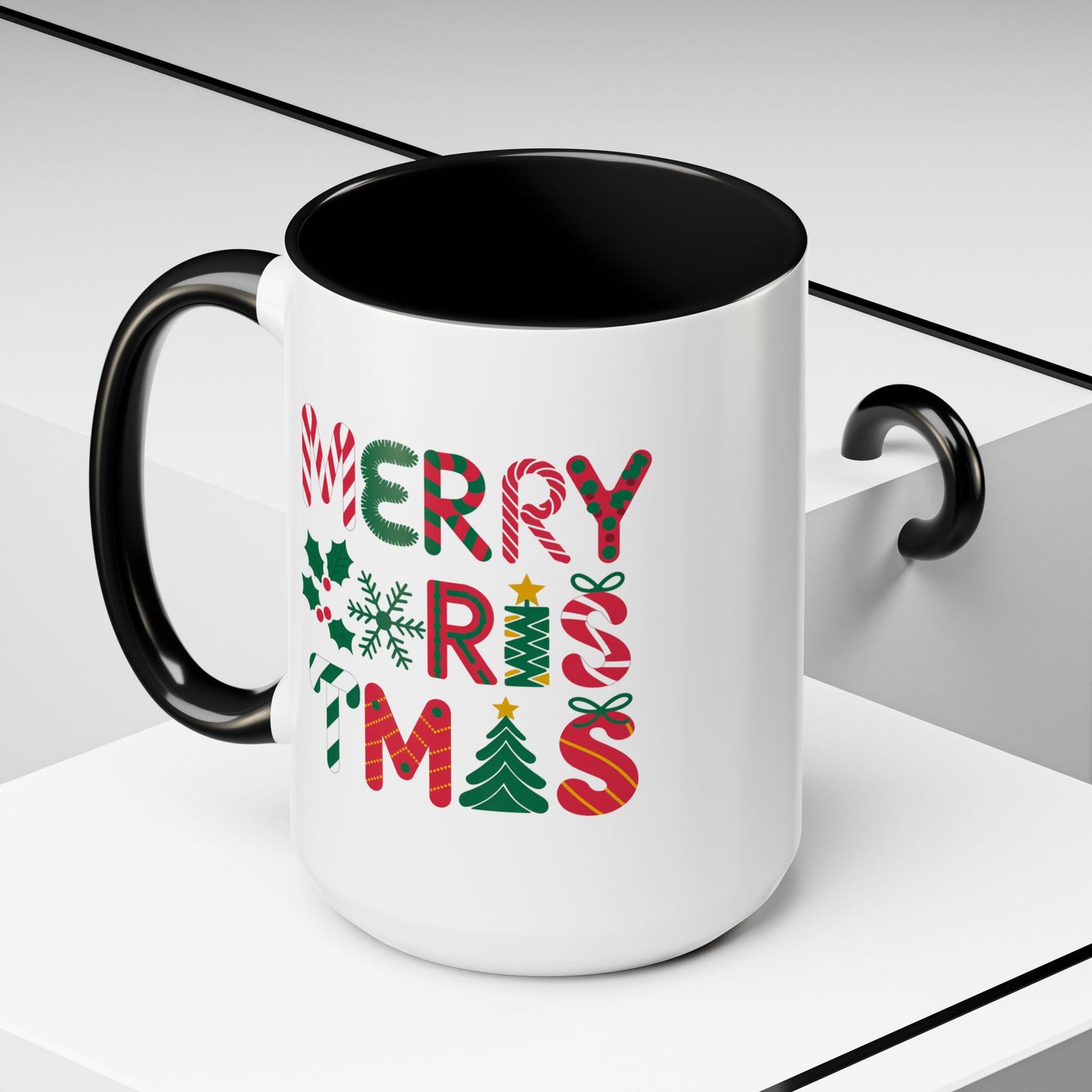 Christmas Mug - Merry Christmas Red Green & Gold Decorative Text