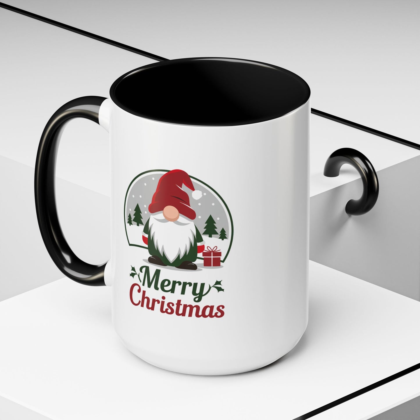 Christmas Mug - Merry Christmas Green & Red Text Gnome Present Trees