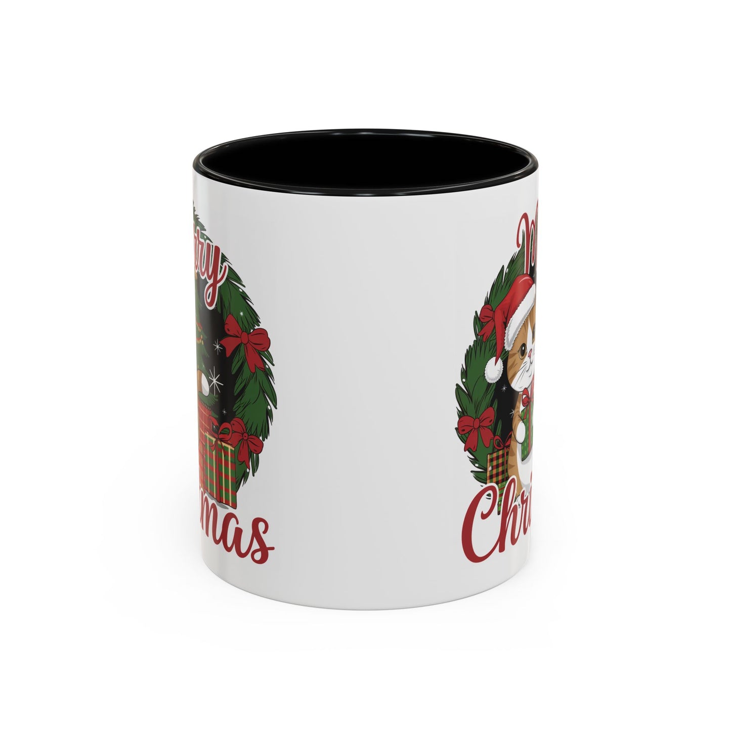 Christmas Mug - Merry Christmas Red Text Cat Presents Wreath