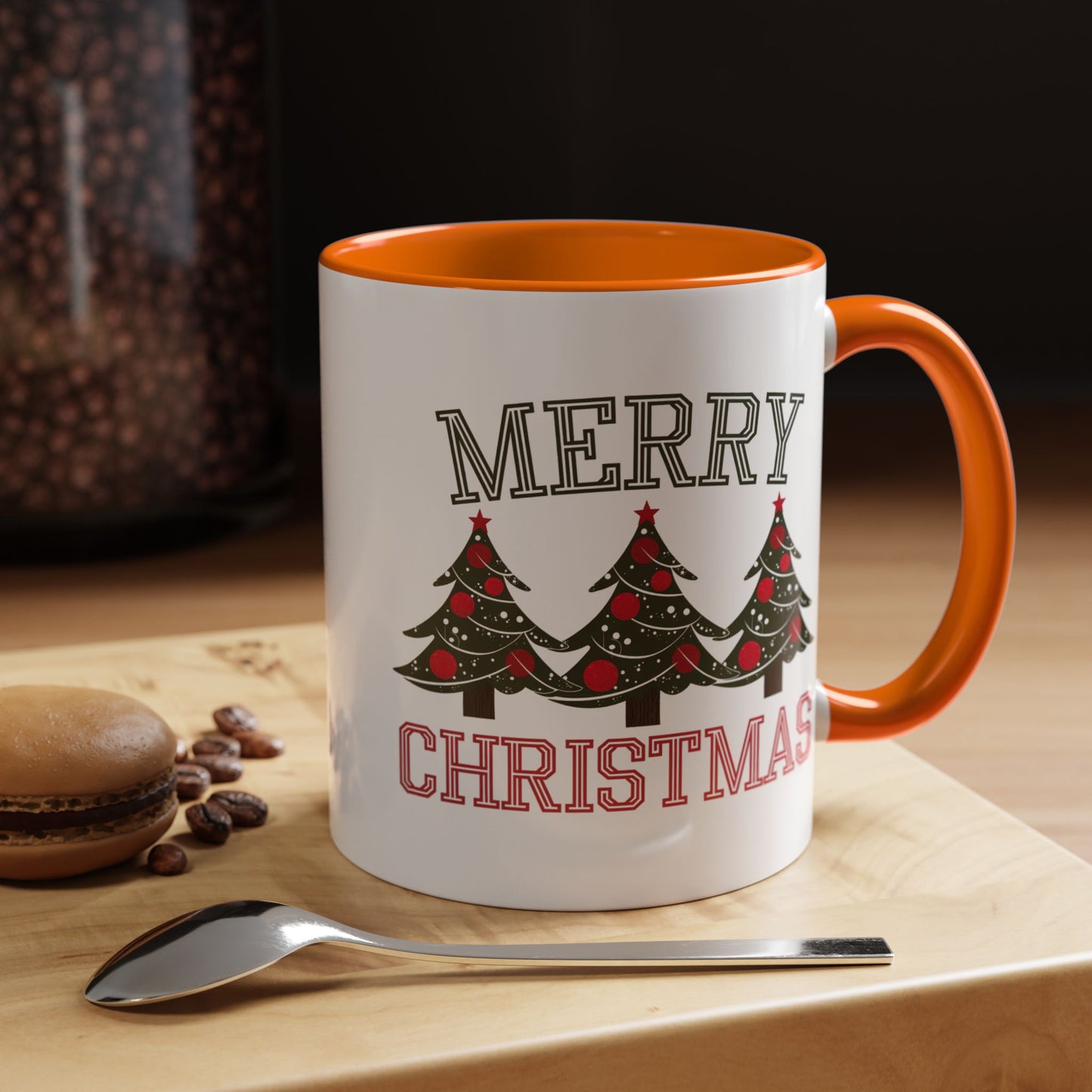 Christmas Mug - Merry Christmas Green & Red Text Decorative Trees