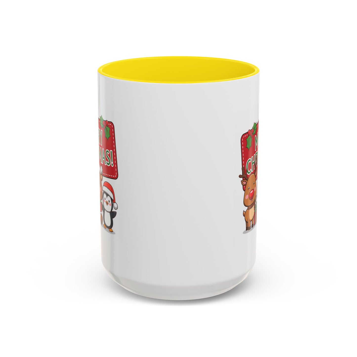 Christmas Mug - Green Text Red Banner Reindeer Bear Penguin