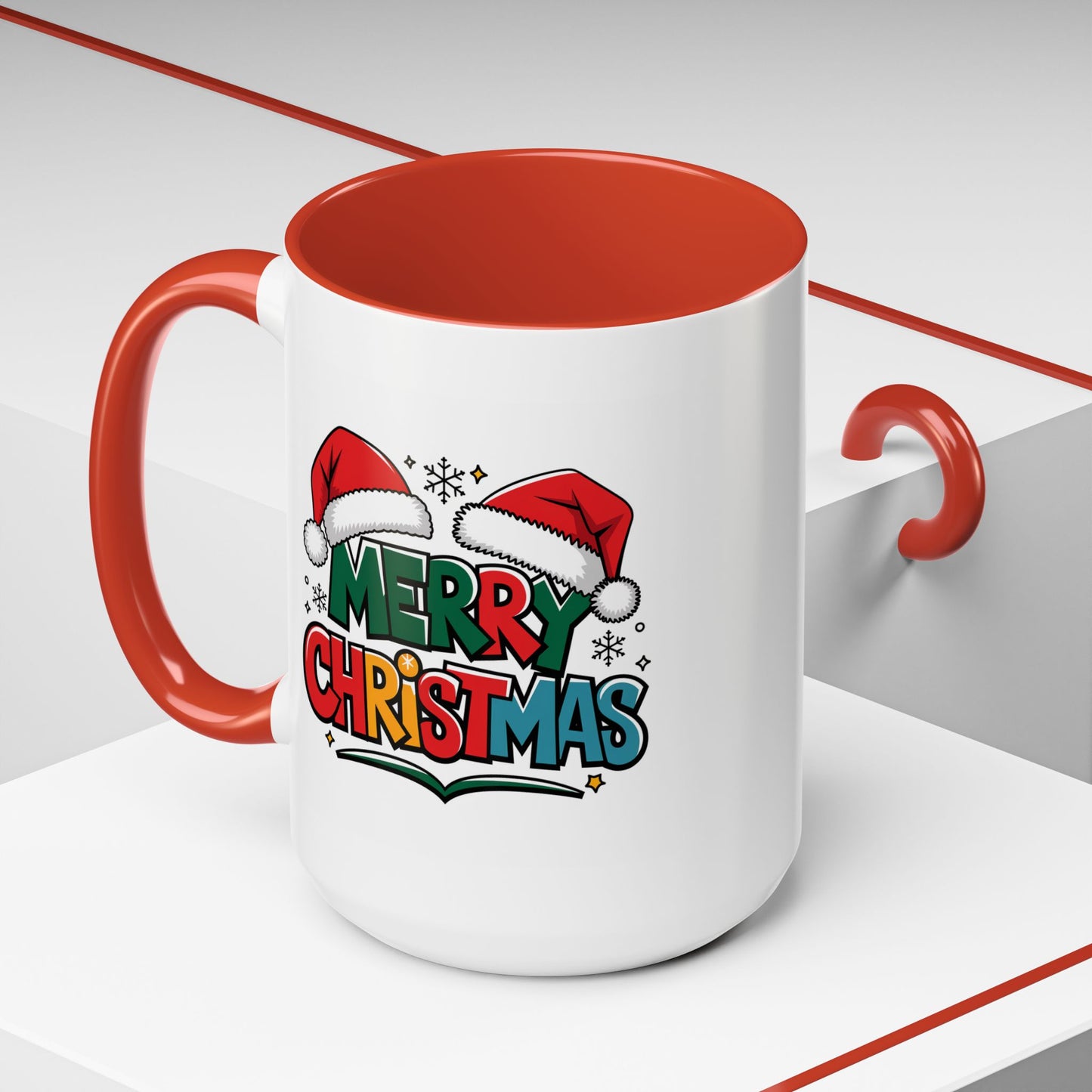 Christmas Mug - Merry Christmas Green Red Yellow and Blue Text Red Hats