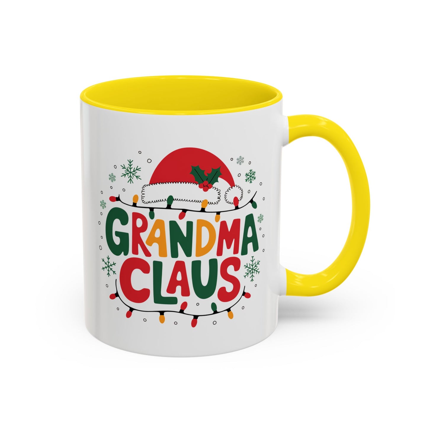Christmas Mug - Grandma Claus Green Yellow & Red Text Hat Lights Stars