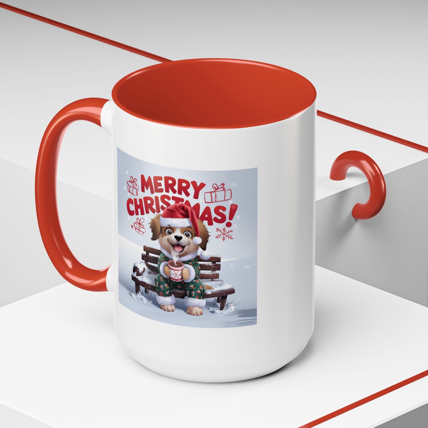 Christmas Mug - Merry Christmas Red Text Puppy Green Top 2