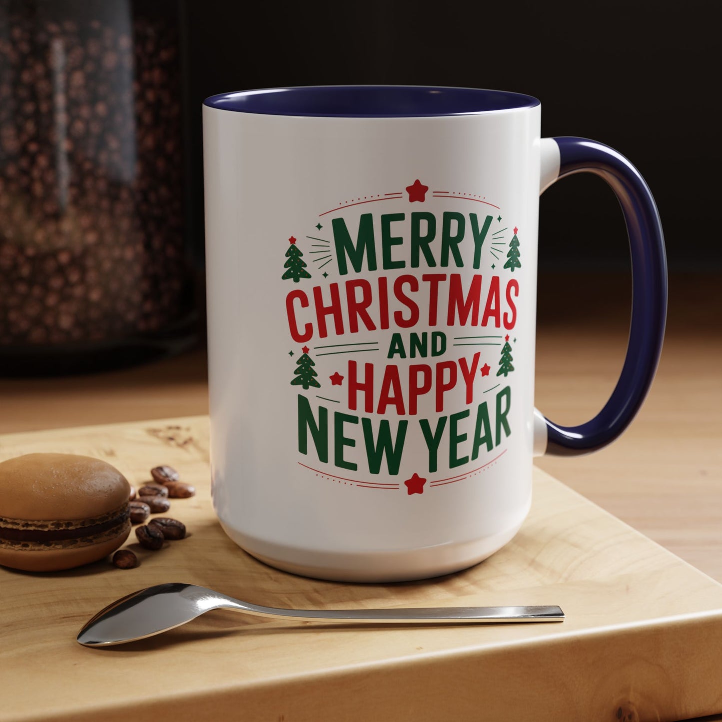 Christmas Mug - Merry Christmas and a Happy New Year Green & Red Text Trees Stars