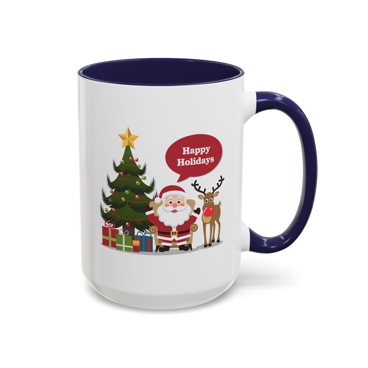 Christmas Mug - Happy Holidays Callout Santa Tree Presents Reindeer