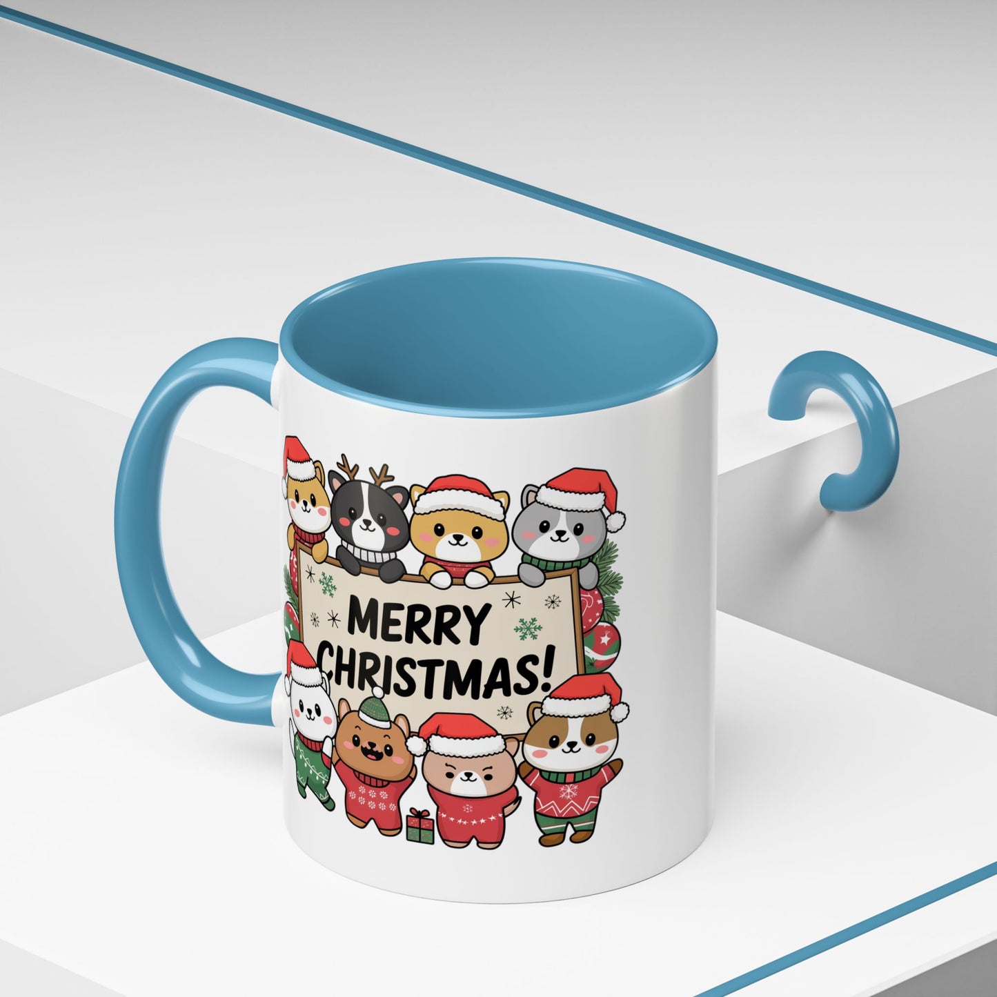 Christmas Mug - Merry Christmas Black Text Cute Animals