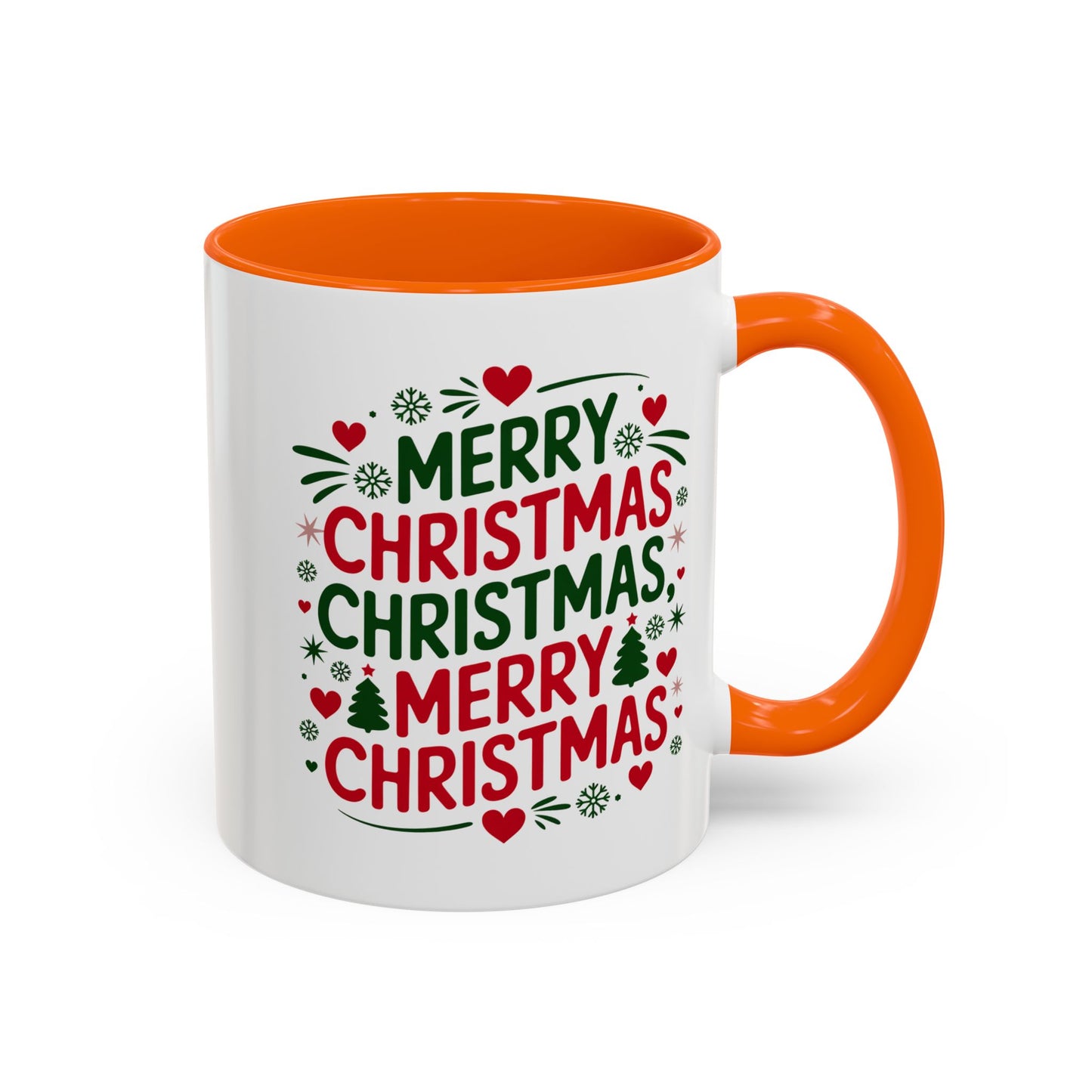 Christmas Mug - Merry Christmas Green & Red Text Trees Hearts Snowflakes Stars