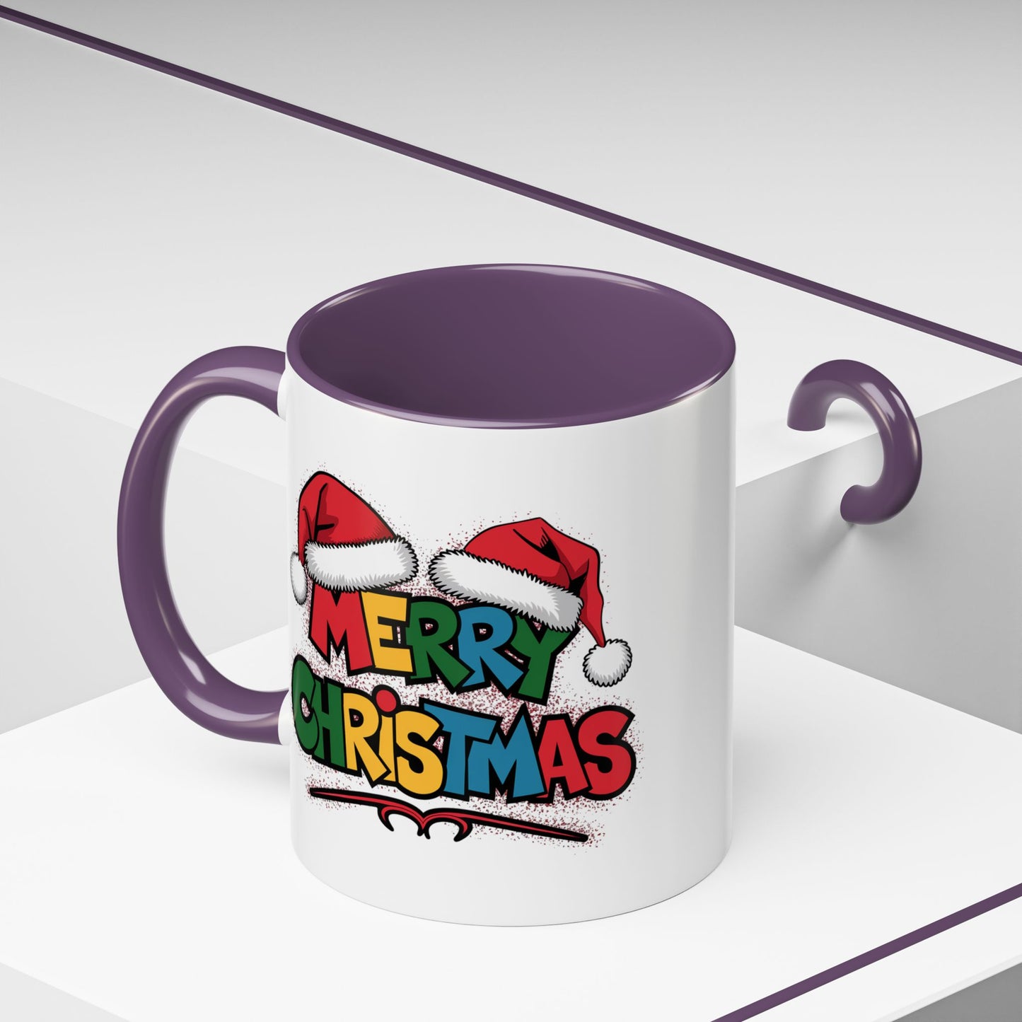 Christmas Mug - Merry Christmas Red Yellow & Blue Text Red Hats