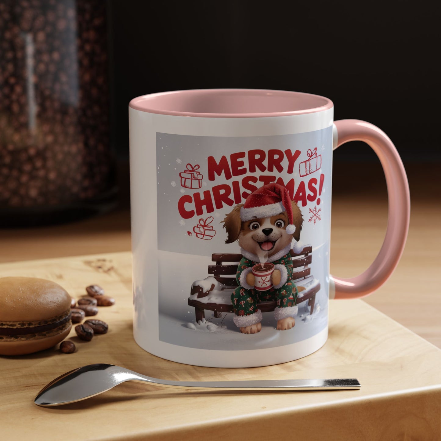 Christmas Mug - Merry Christmas Red Text Puppy Green Top 2