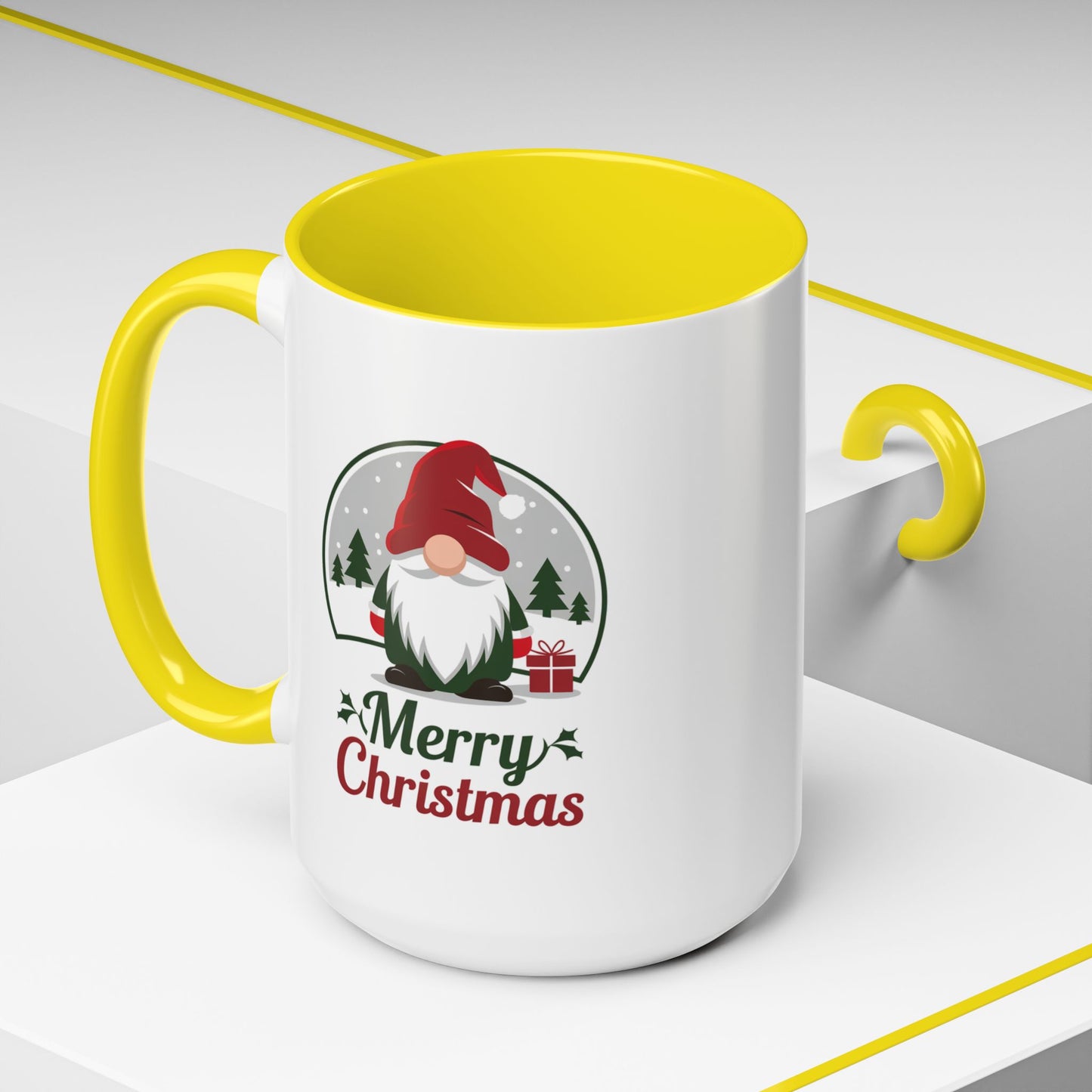 Christmas Mug - Merry Christmas Green & Red Text Gnome Present Trees