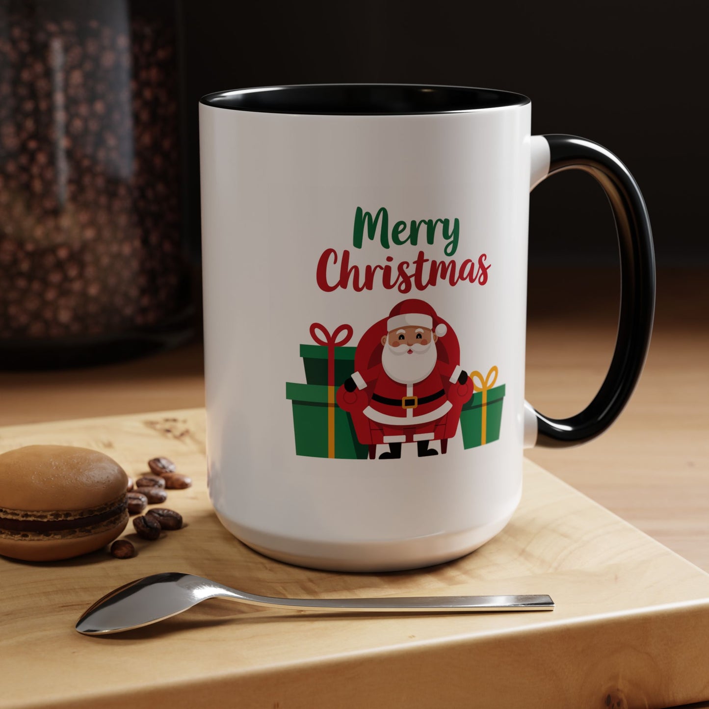 Christmas Mug - Merry Christmas Green & Red Text Santa Presents
