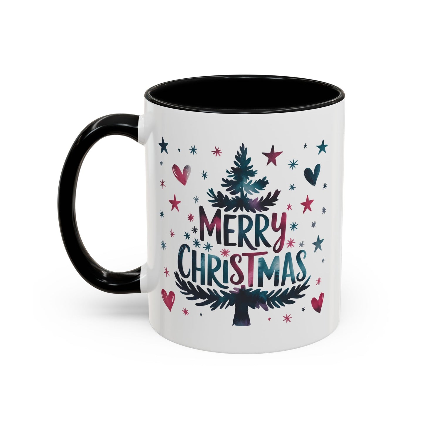 Christmas Mug - Merry Christmas Maroon & Blue Text Tree Hearts Stars