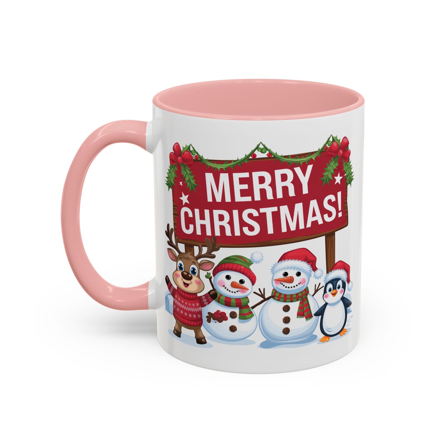Christmas Mug - Merry Christmas White Text Reindeer Snowmen Penguin