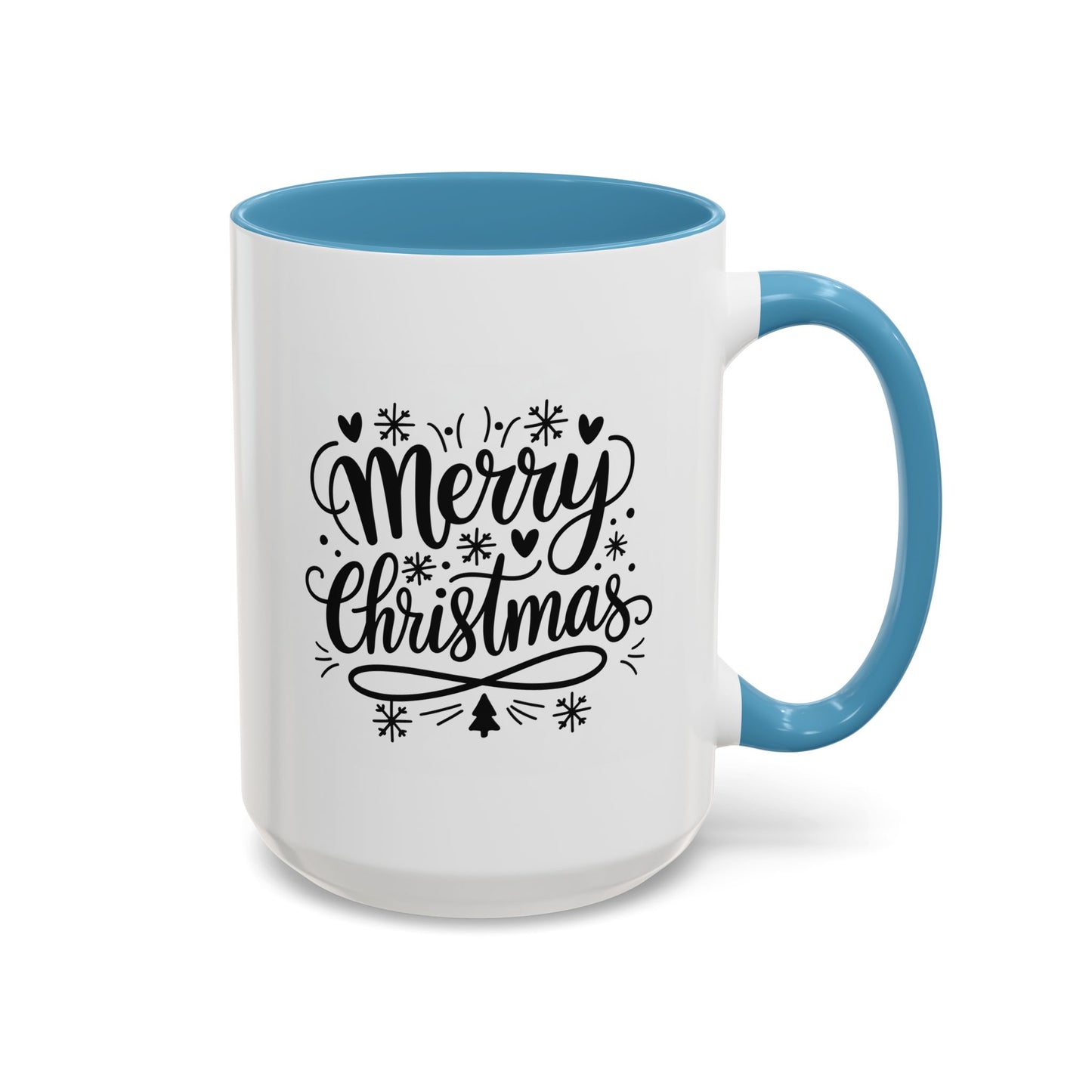 Christmas Mug - Merry Christmas Black Text Tree Snowflakes Hearts