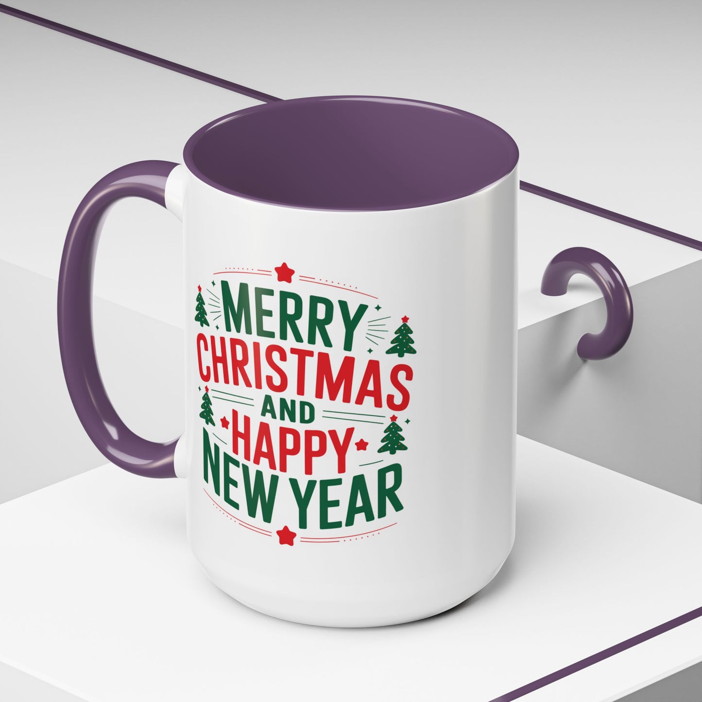 Christmas Mug - Merry Christmas and a Happy New Year Green & Red Text Trees Stars
