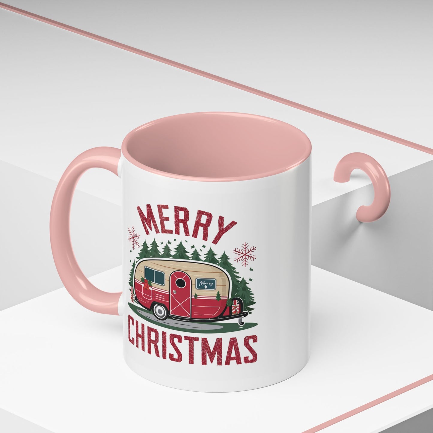 Christmas Mug - Merry Christmas Maroon Text Camper Trees Snowflakes