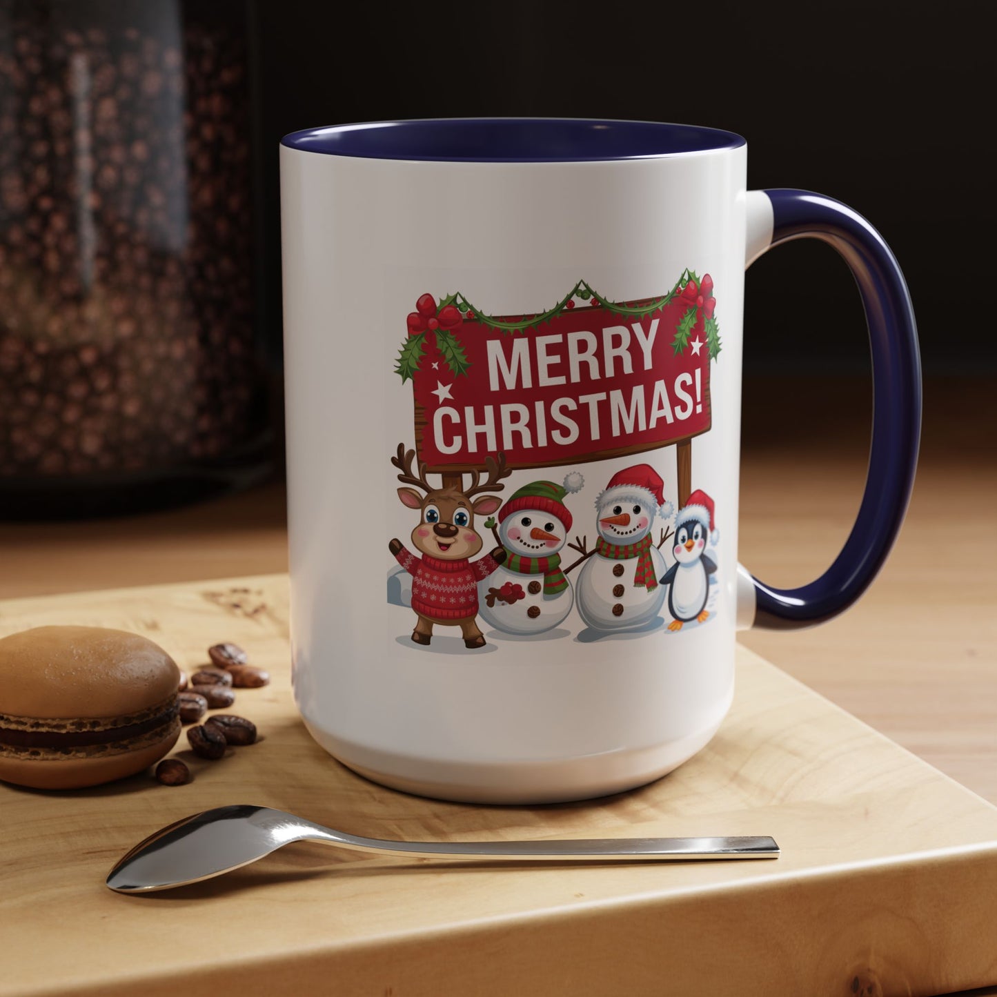 Christmas Mug - Merry Christmas White Text Reindeer Snowmen Penguin