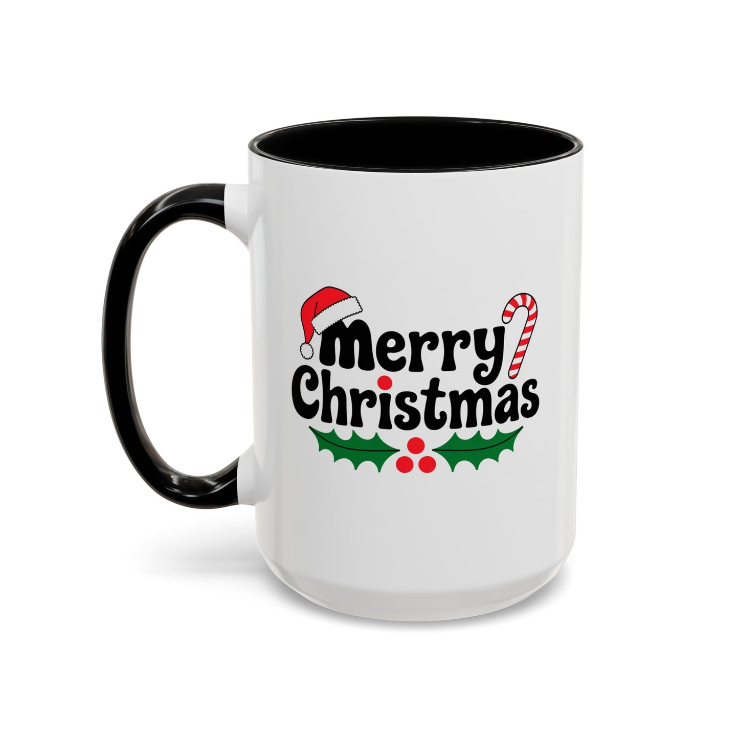 Christmas Mug - Merry Christmas Black Text Hat Candy Cane Mistletoe