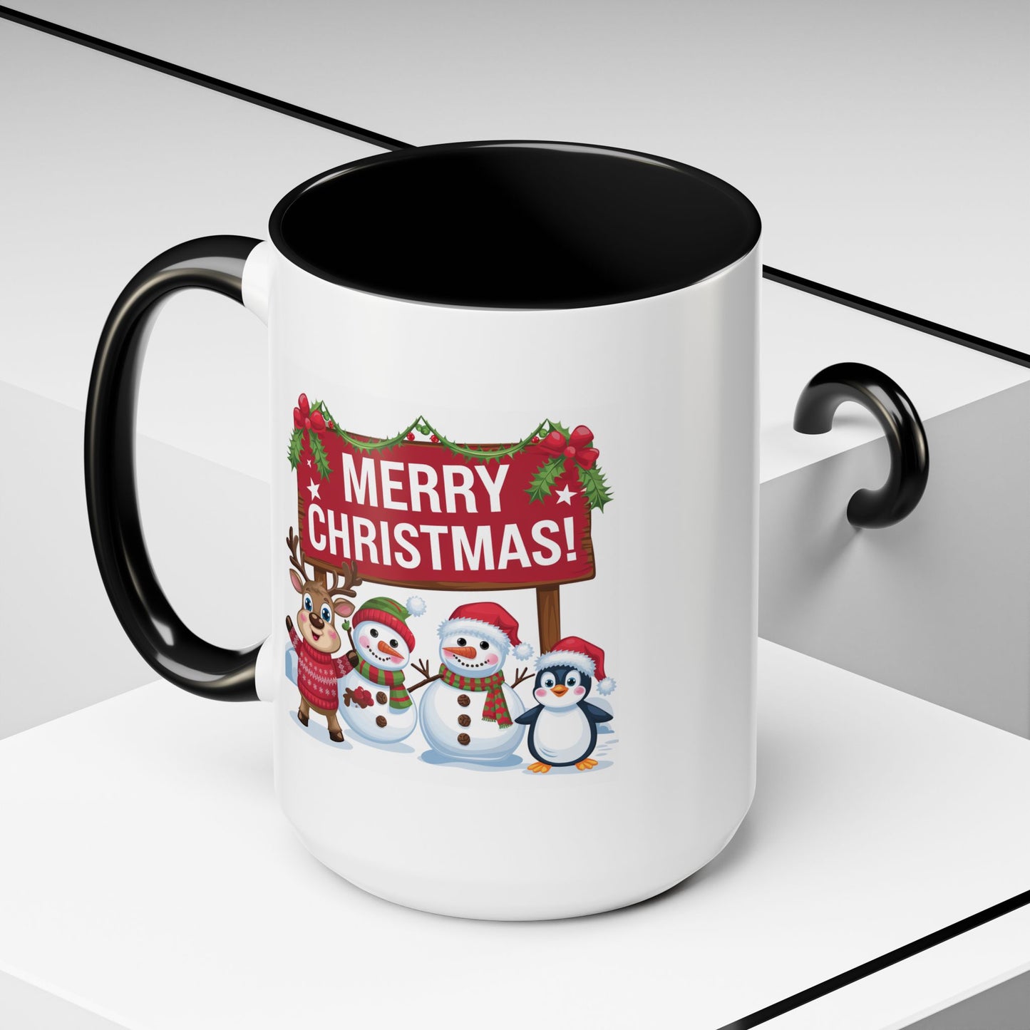 Christmas Mug - Merry Christmas White Text Reindeer Snowmen Penguin
