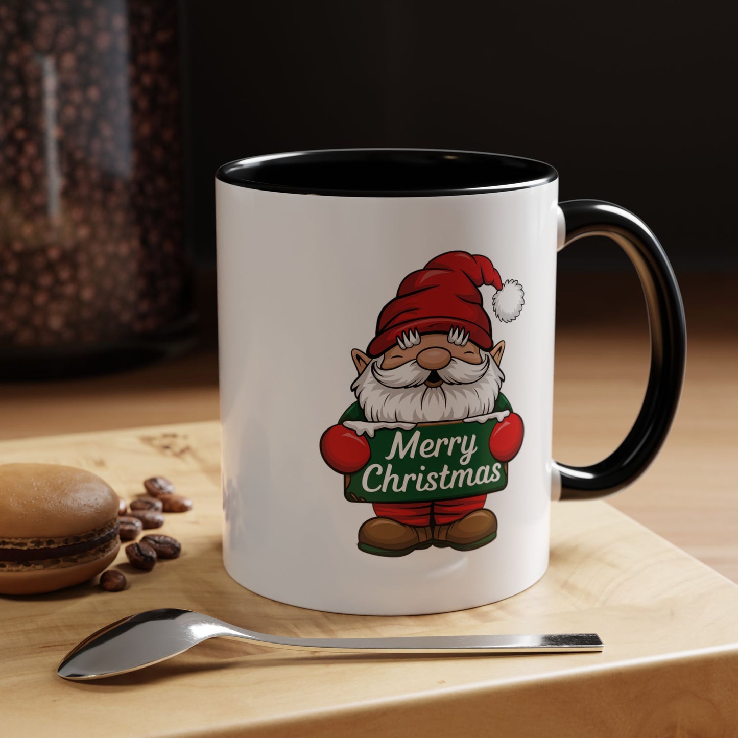 Christmas Mug - Merry Christmas White & Green Text Gnome Snow