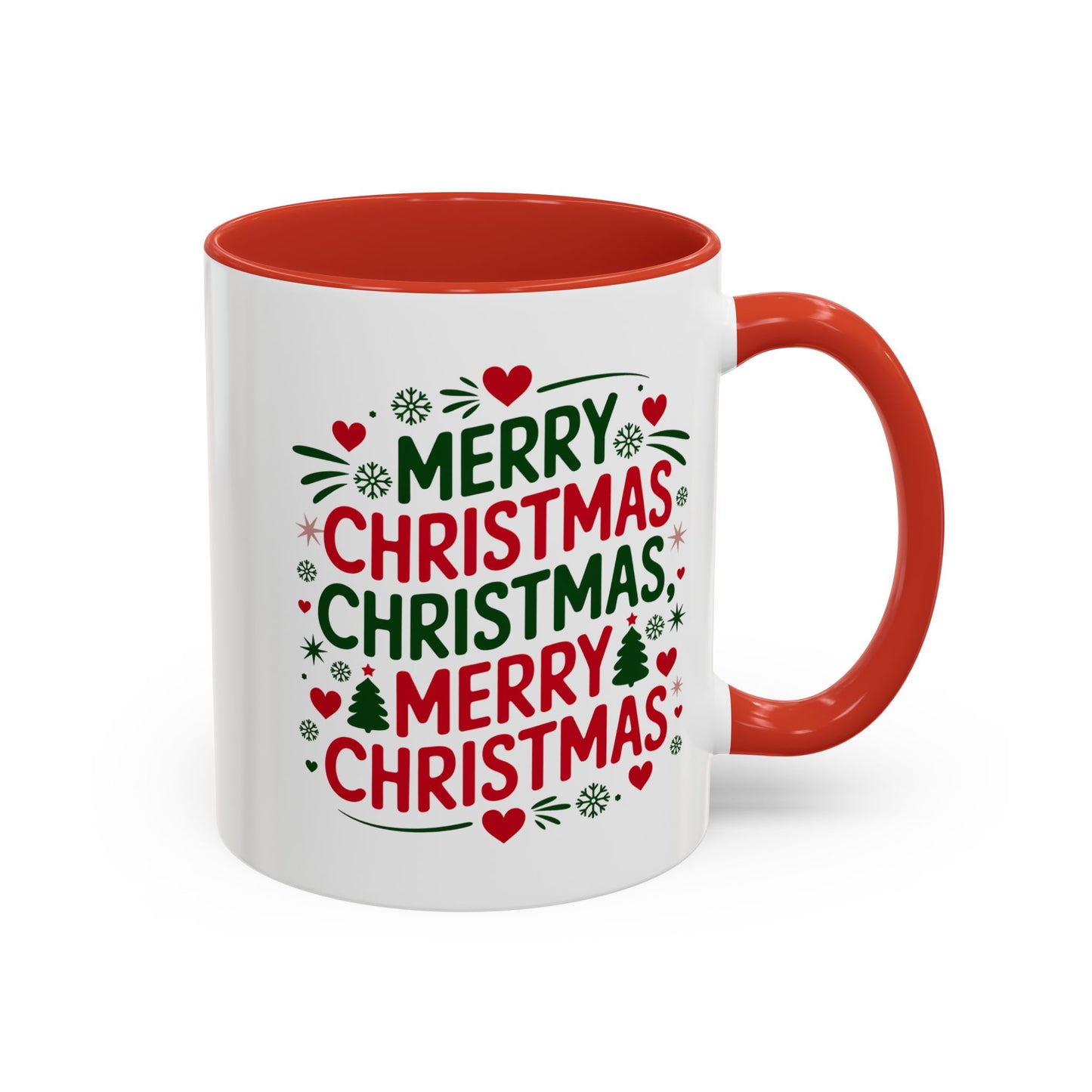 Christmas Mug - Merry Christmas Green & Red Text Trees Hearts Snowflakes Stars