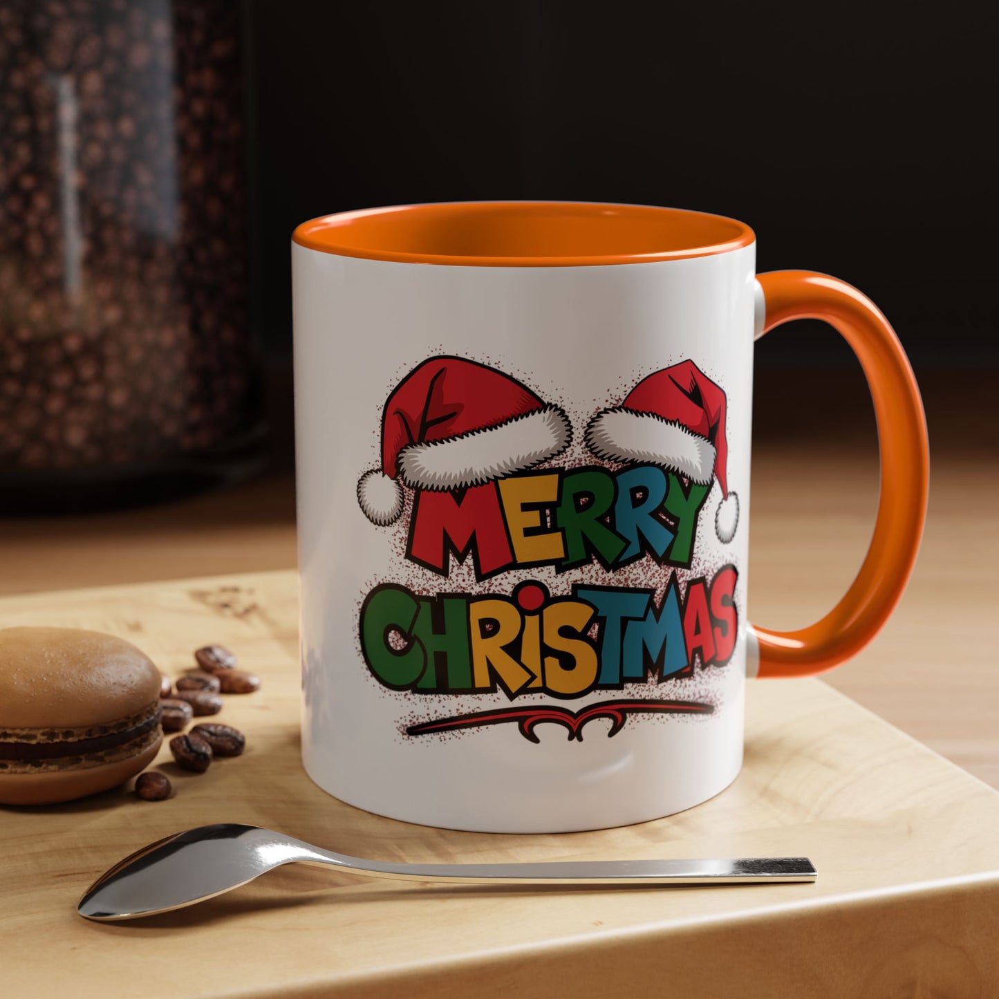 Christmas Mug - Merry Christmas Red Yellow & Blue Text Red Hats