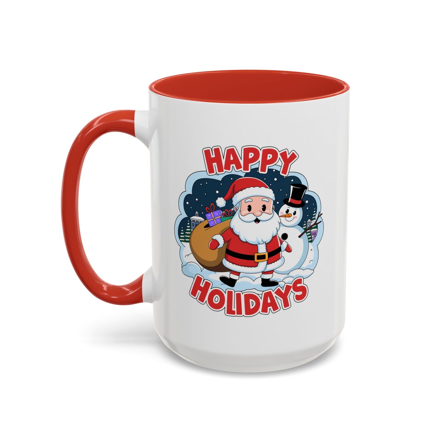 Christmas Mug - Happy Holidays Red & White Text Santa Snowman