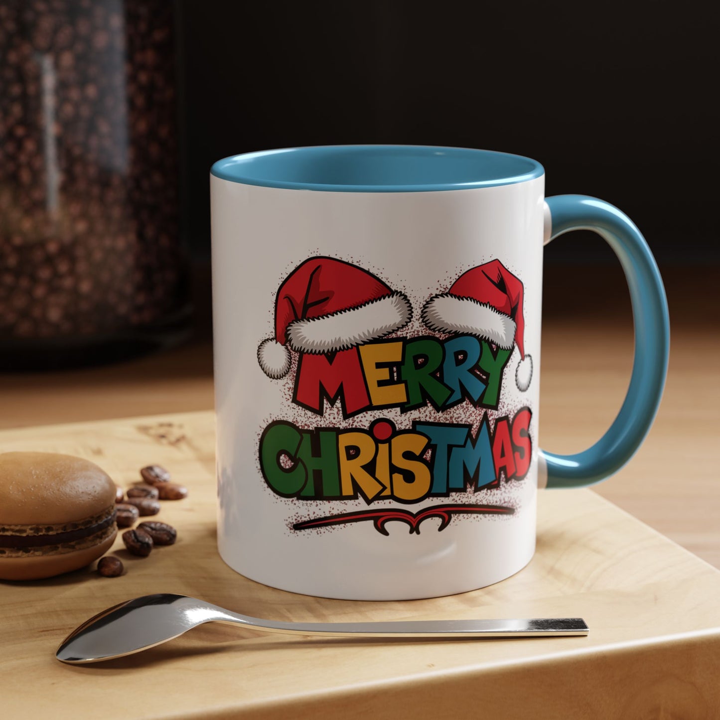 Christmas Mug - Merry Christmas Red Yellow & Blue Text Red Hats