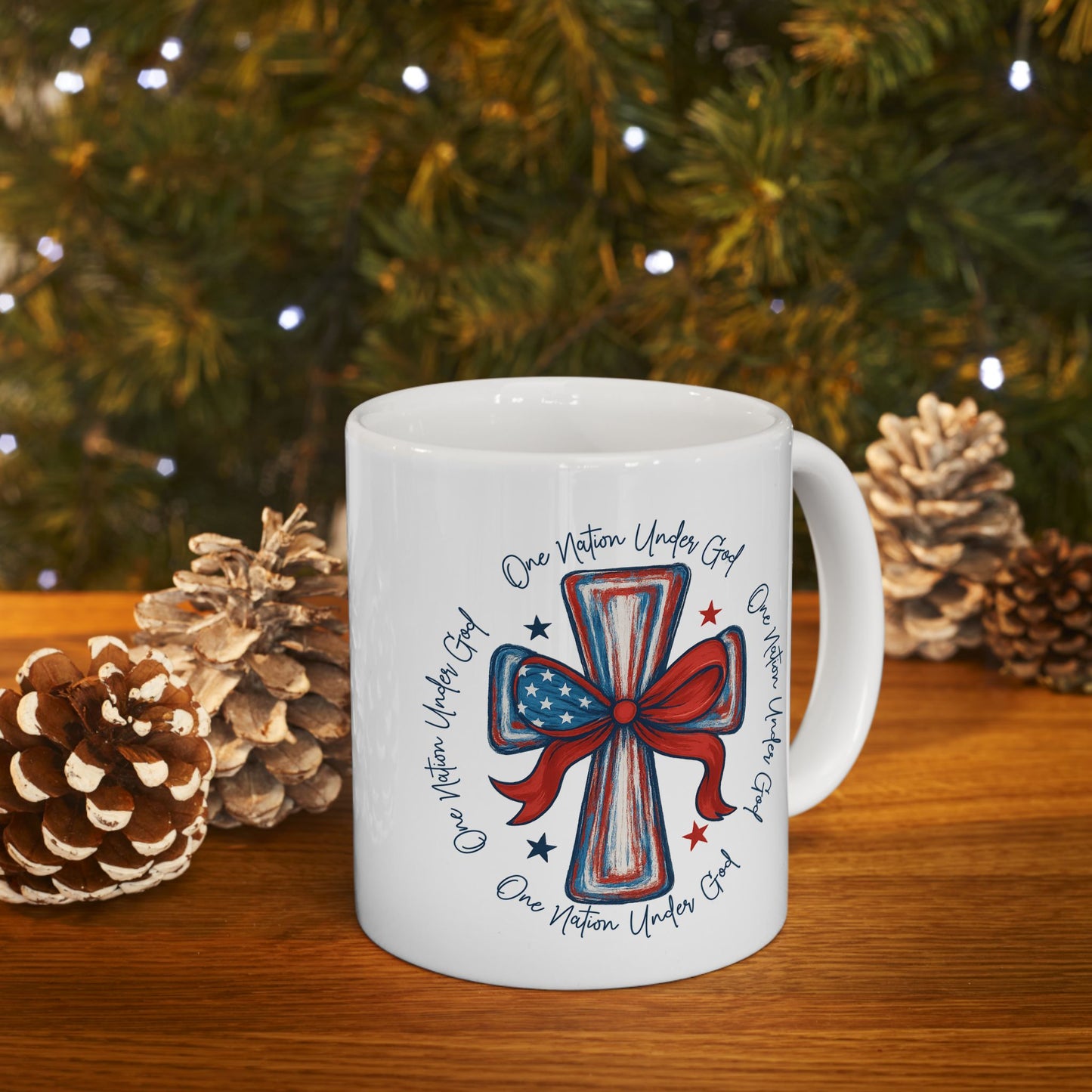 4th of July Mug - Patriotic Cross with Ribbon & Stars
