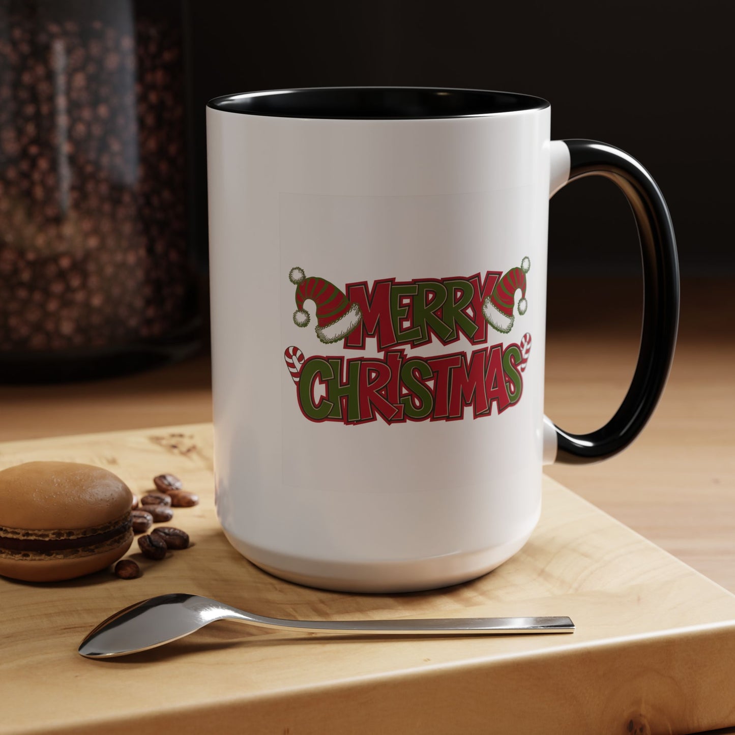Christmas Mug - Merry Christmas Red & Green Text Hats Candy Canes