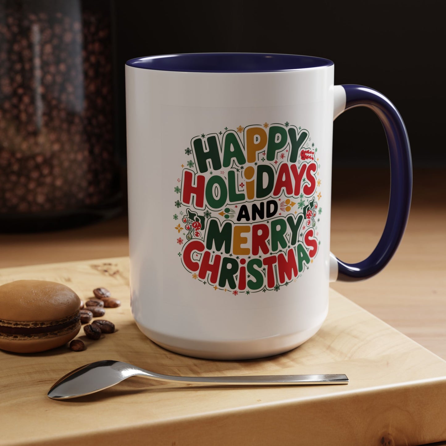 Christmas Mug - Happy Holidays and Merry Christmas Blue Green Yellow Red Text