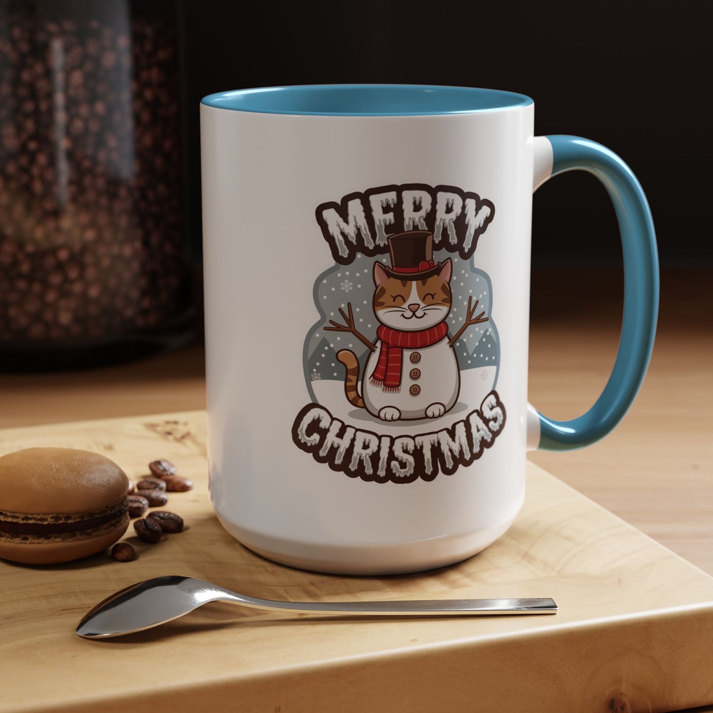 Christmas Mug - Merry Christmas Black & White Text Snowman Cat