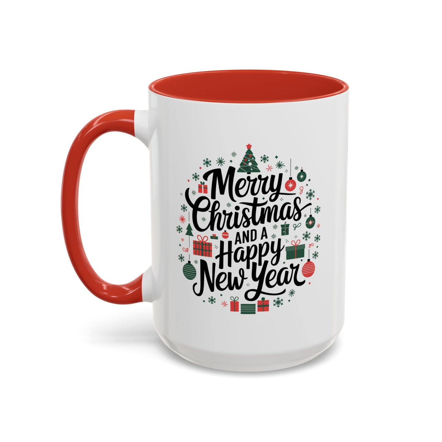 Christmas Mug - Merry Christmas and a Happy New Year Black Text Tree Ornaments Presents