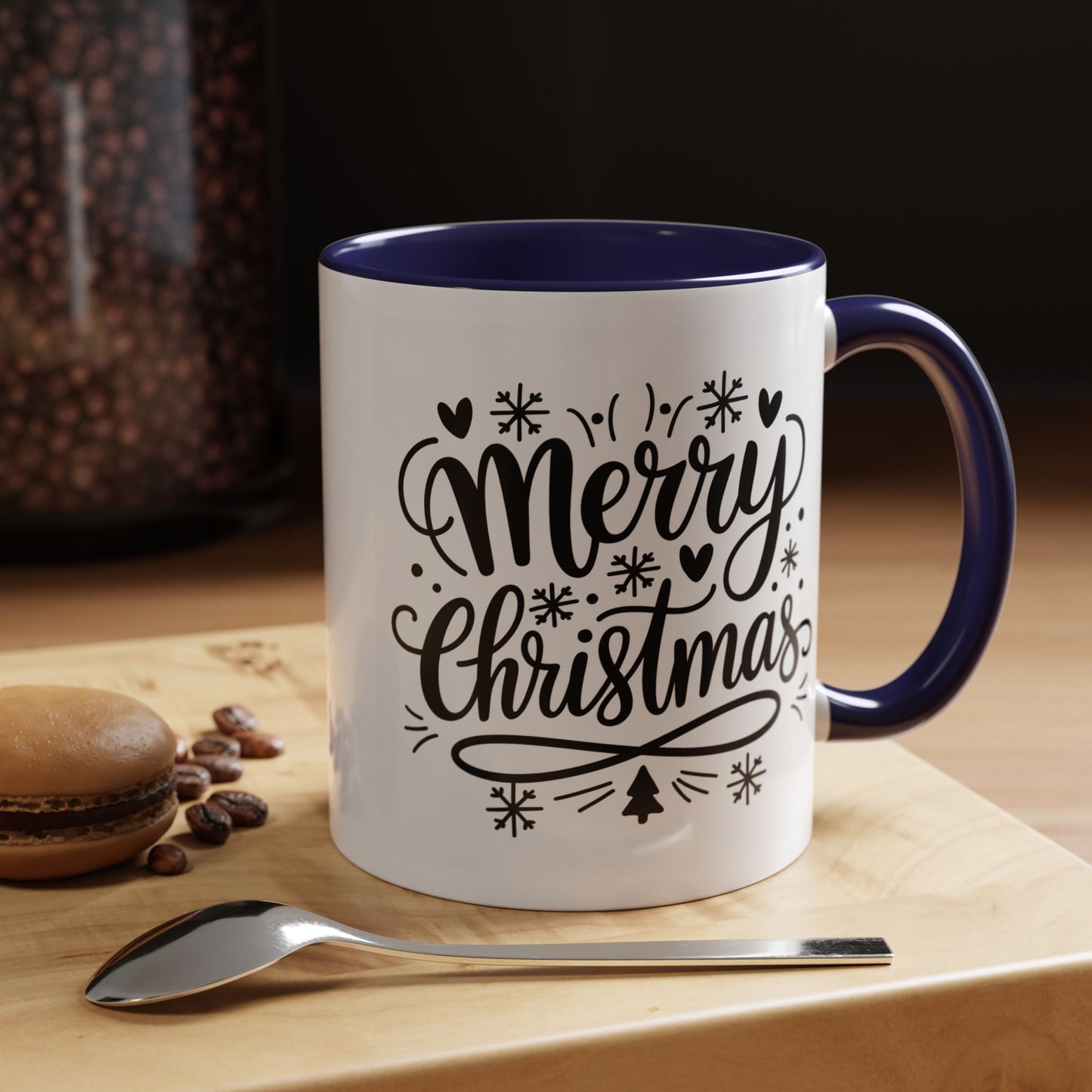 Christmas Mug - Merry Christmas Black Text Tree Snowflakes Hearts