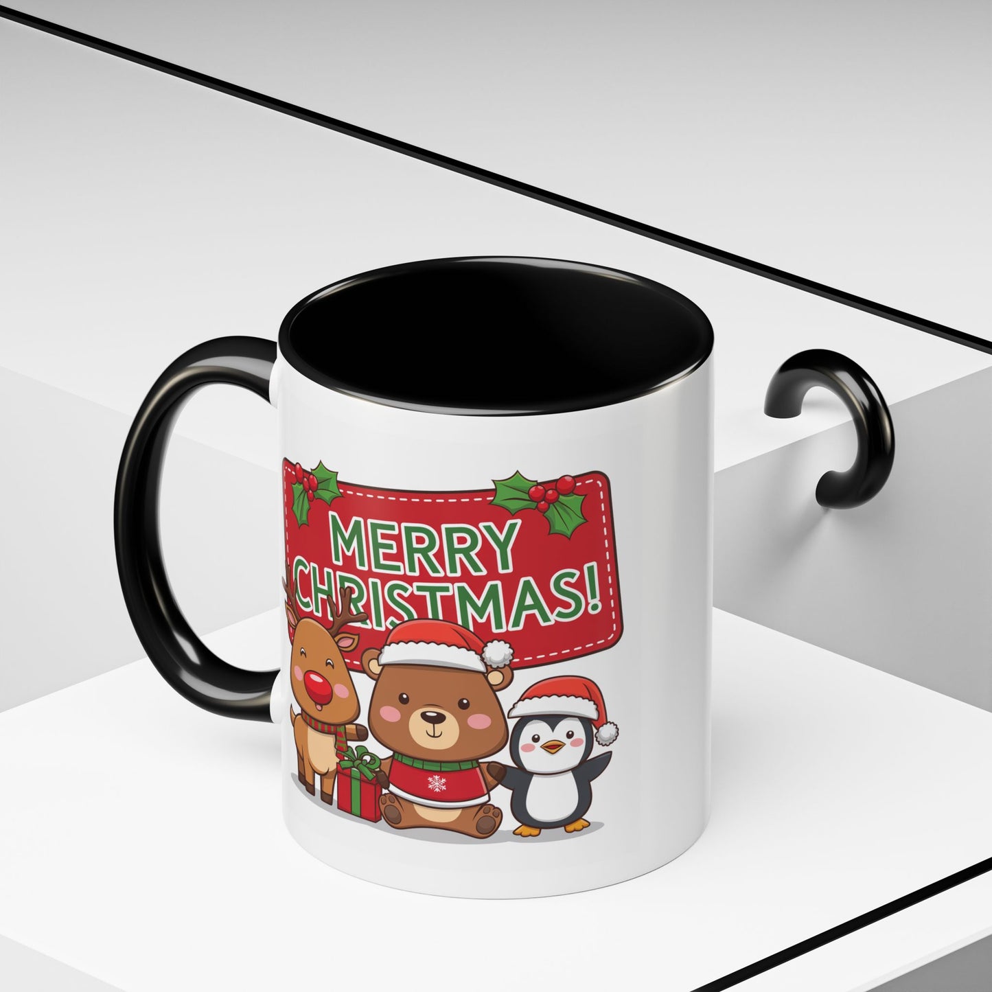 Christmas Mug - Green Text Red Banner Reindeer Bear Penguin