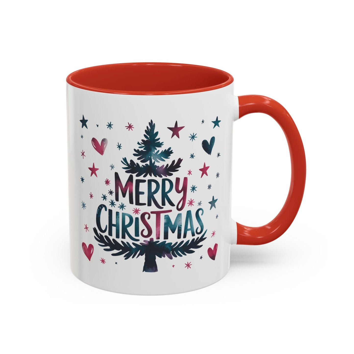 Christmas Mug - Merry Christmas Maroon & Blue Text Tree Hearts Stars