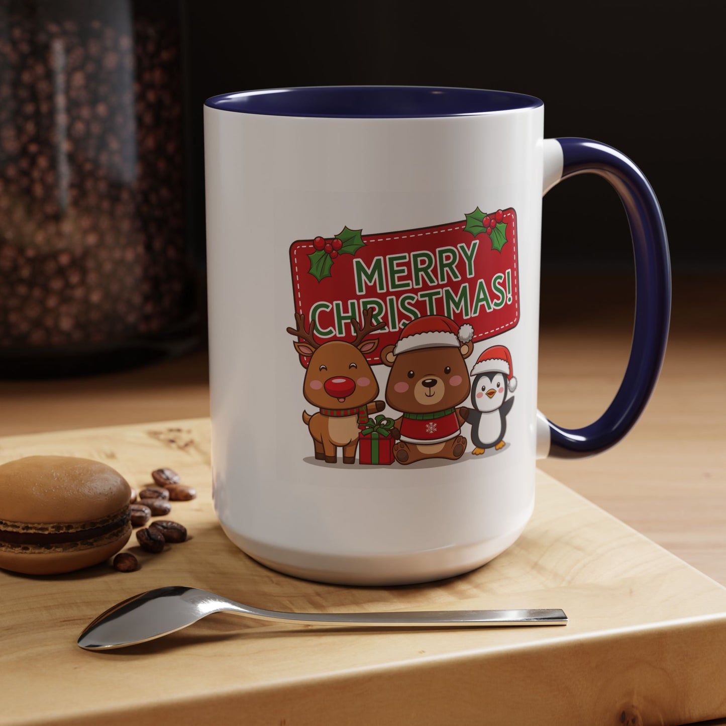 Christmas Mug - Green Text Red Banner Reindeer Bear Penguin