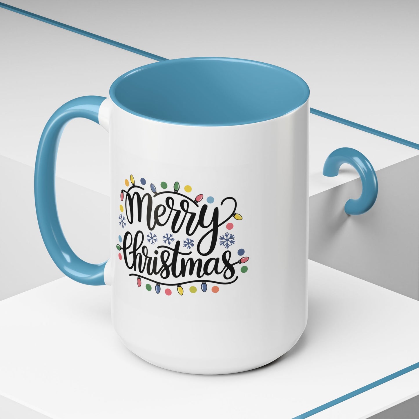 Christmas Mug - Merry Christmas Black Text Colored Lights